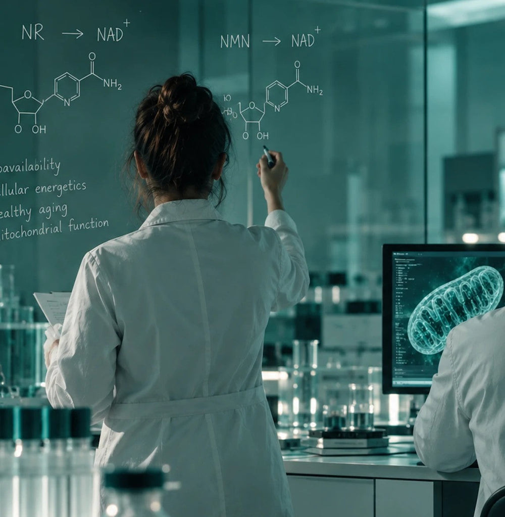 Formules chimiques du NR et du NMN écrites sur une paroi vitrée de laboratoire